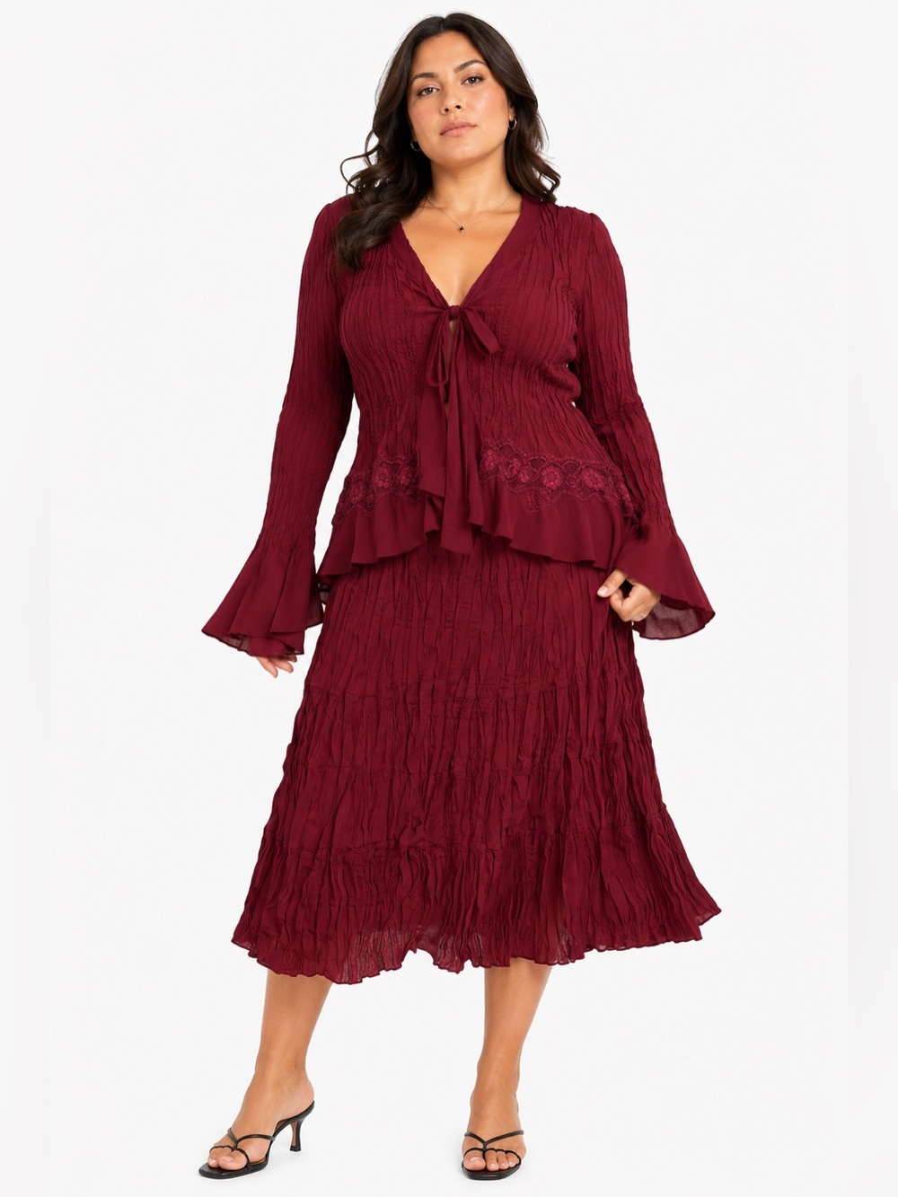 90s/Y2K Vintage Plissé Crinkle Lace Accent Tie-Front Blouse (Burgundy) Size 14